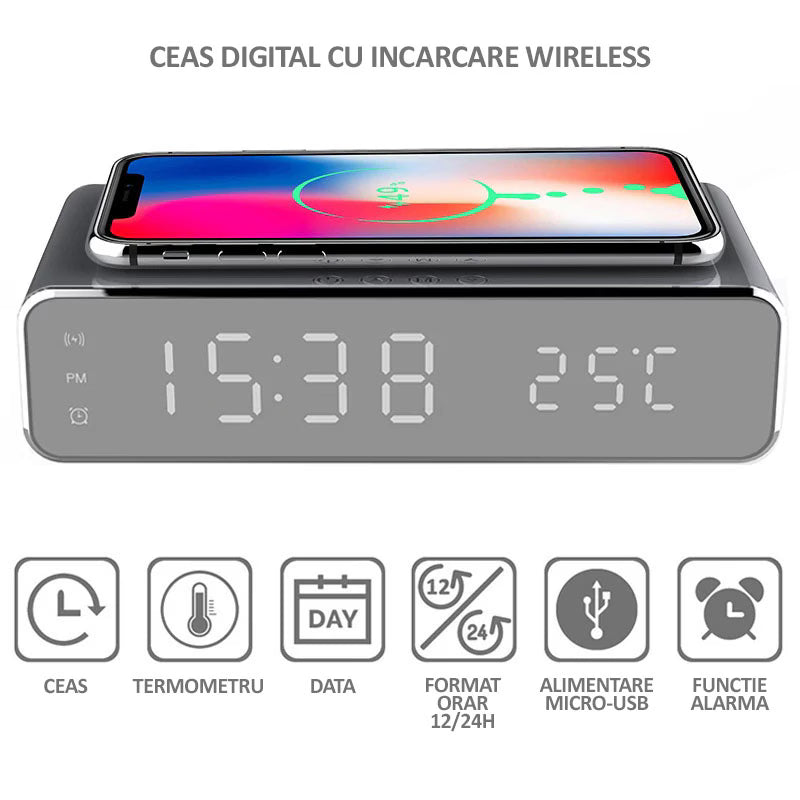 Ceas digital cu alarma si functie de incarcare wireless
